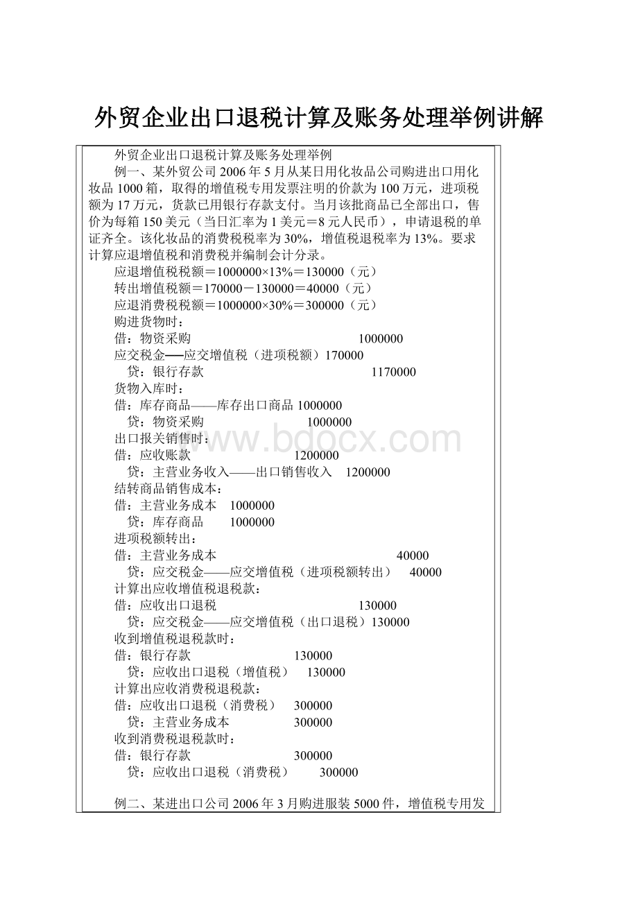 外贸企业出口退税计算及账务处理举例讲解Word文档下载推荐.docx