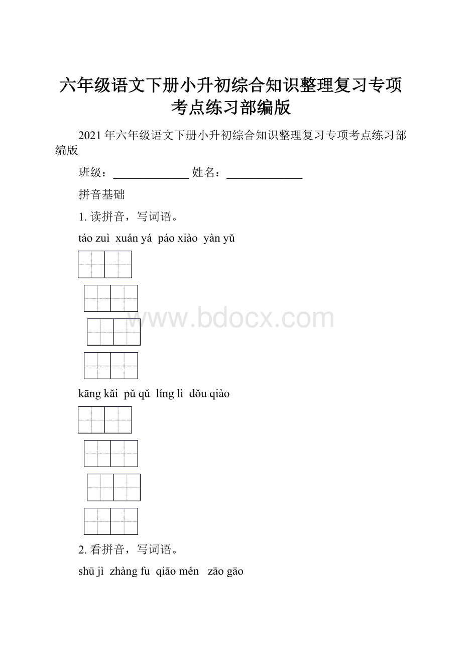 六年级语文下册小升初综合知识整理复习专项考点练习部编版.docx_第1页