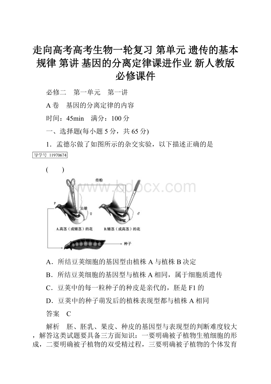 走向高考高考生物一轮复习 第单元 遗传的基本规律 第讲 基因的分离定律课进作业 新人教版必修课件.docx