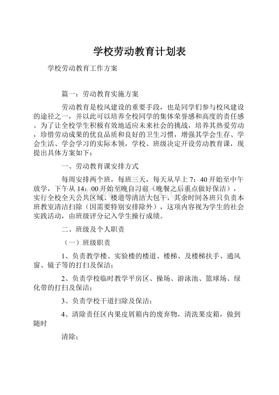 学校劳动教育计划表.docx_第1页