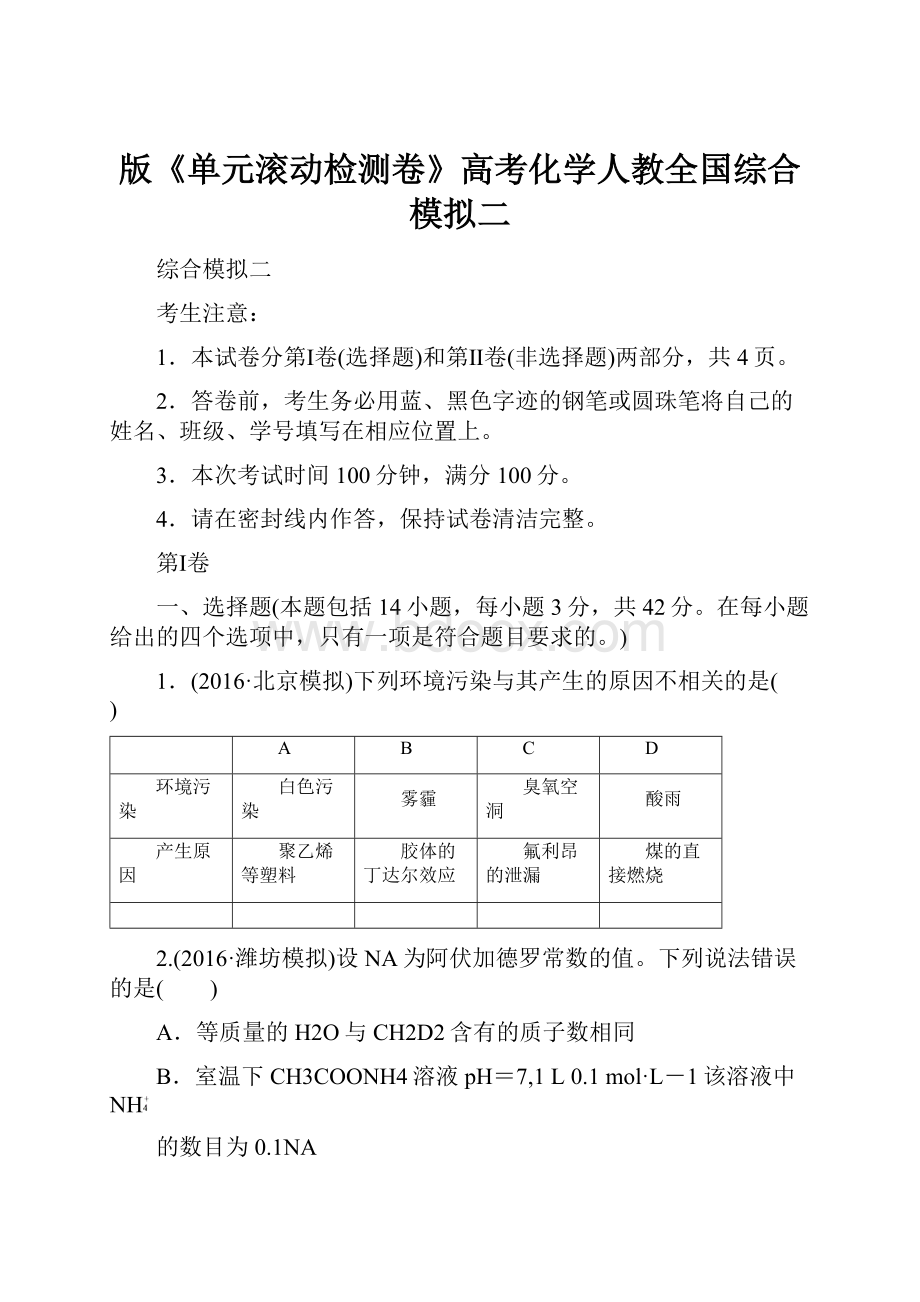 版《单元滚动检测卷》高考化学人教全国综合模拟二.docx_第1页