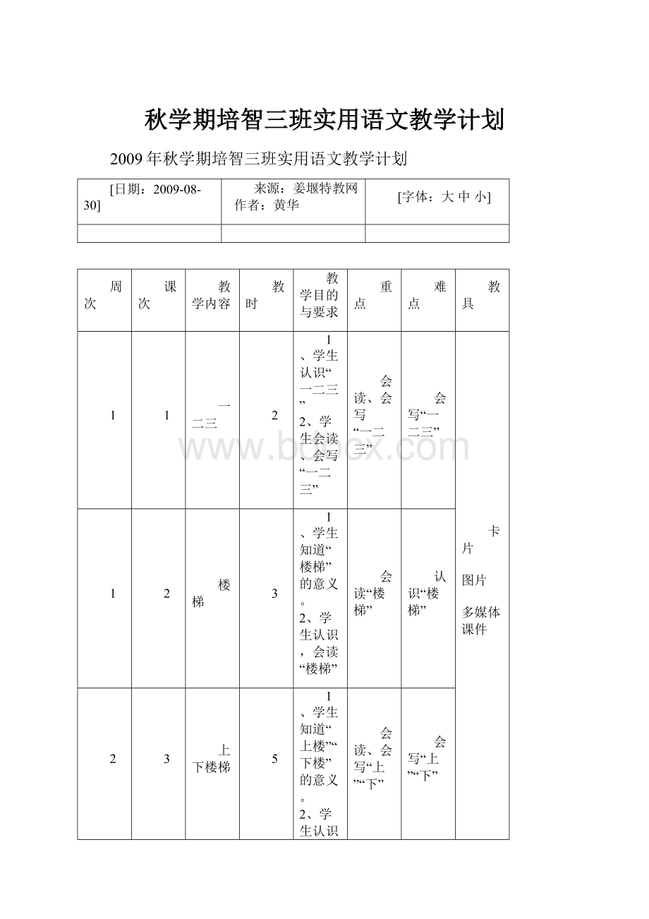 秋学期培智三班实用语文教学计划.docx_第1页