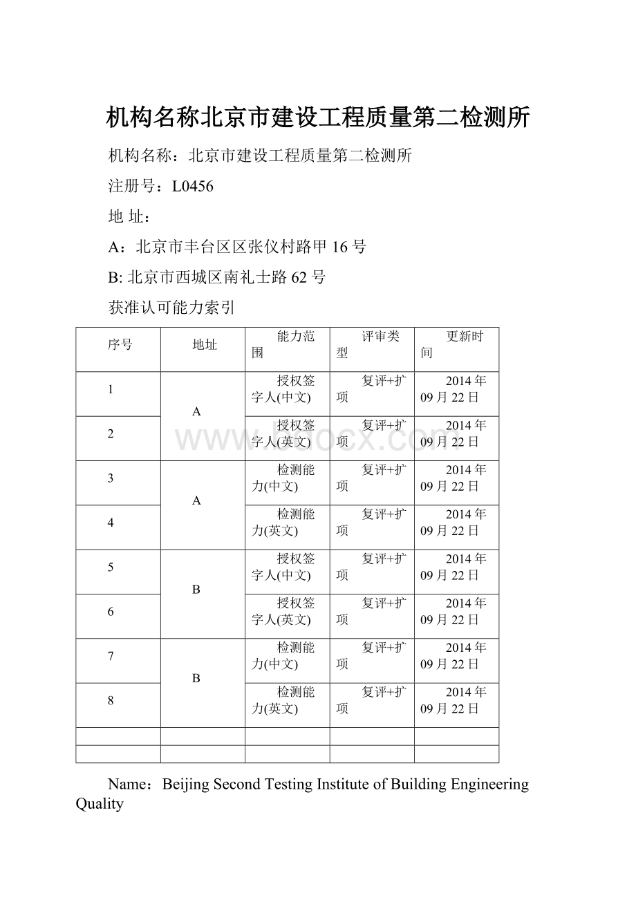 机构名称北京市建设工程质量第二检测所Word文件下载.docx_第1页