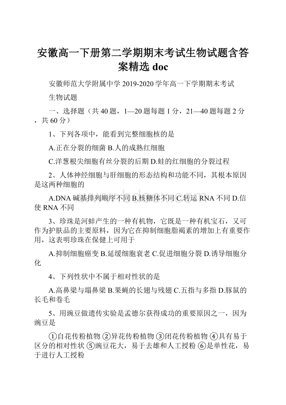 安徽高一下册第二学期期末考试生物试题含答案精选doc.docx_第1页