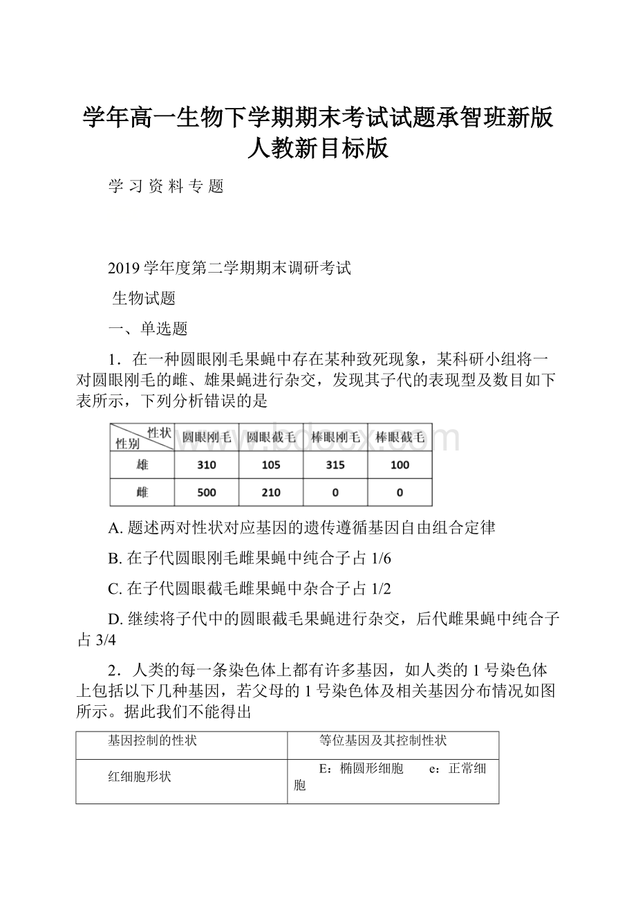 学年高一生物下学期期末考试试题承智班新版人教新目标版Word文档下载推荐.docx_第1页