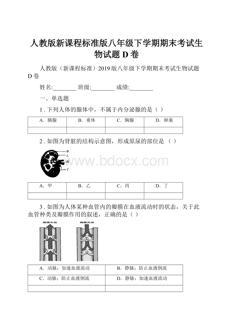 人教版新课程标准版八年级下学期期末考试生物试题D卷.docx_第1页