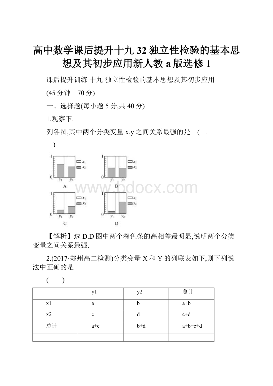 高中数学课后提升十九32独立性检验的基本思想及其初步应用新人教a版选修1.docx