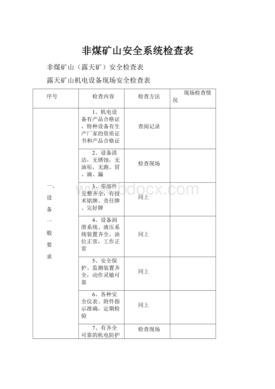 非煤矿山安全系统检查表.docx