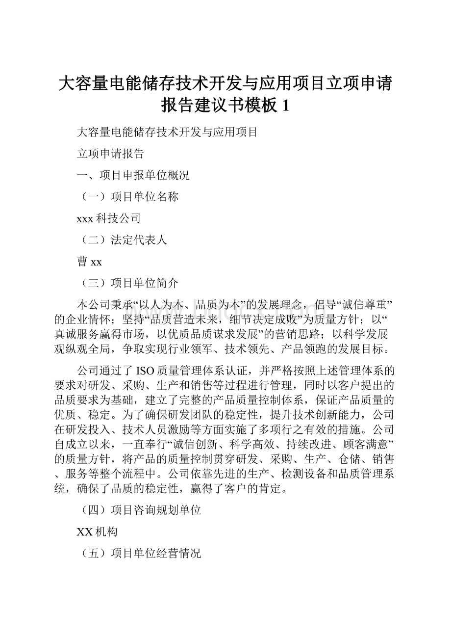 大容量电能储存技术开发与应用项目立项申请报告建议书模板 1.docx_第1页