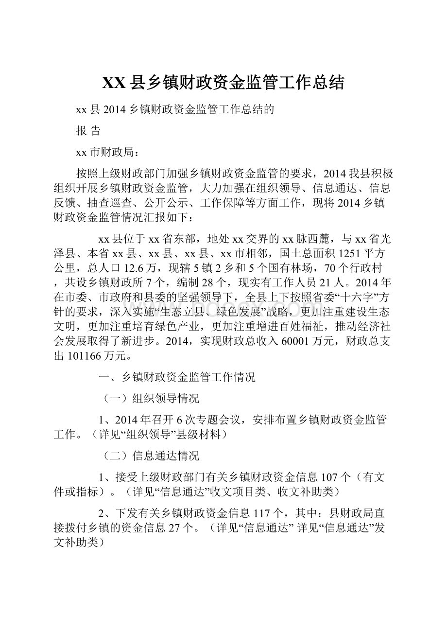 XX县乡镇财政资金监管工作总结文档格式.docx