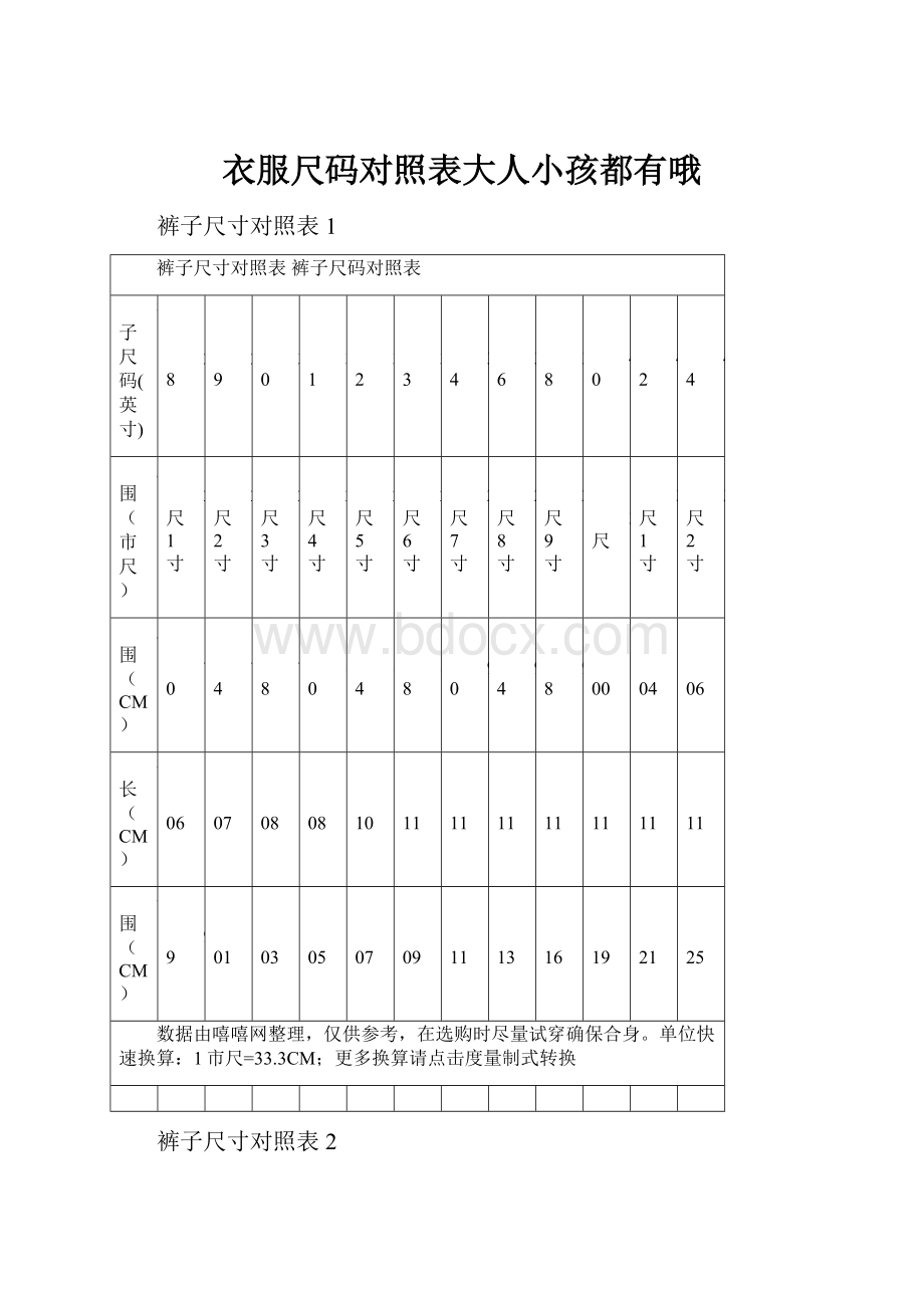 衣服尺码对照表大人小孩都有哦.docx