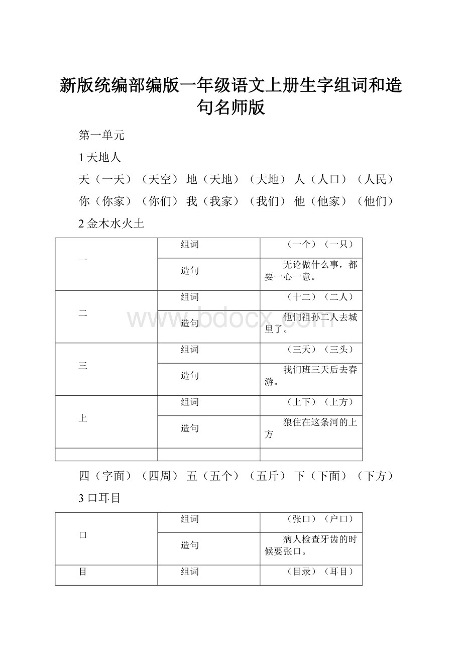 新版统编部编版一年级语文上册生字组词和造句名师版文档格式.docx