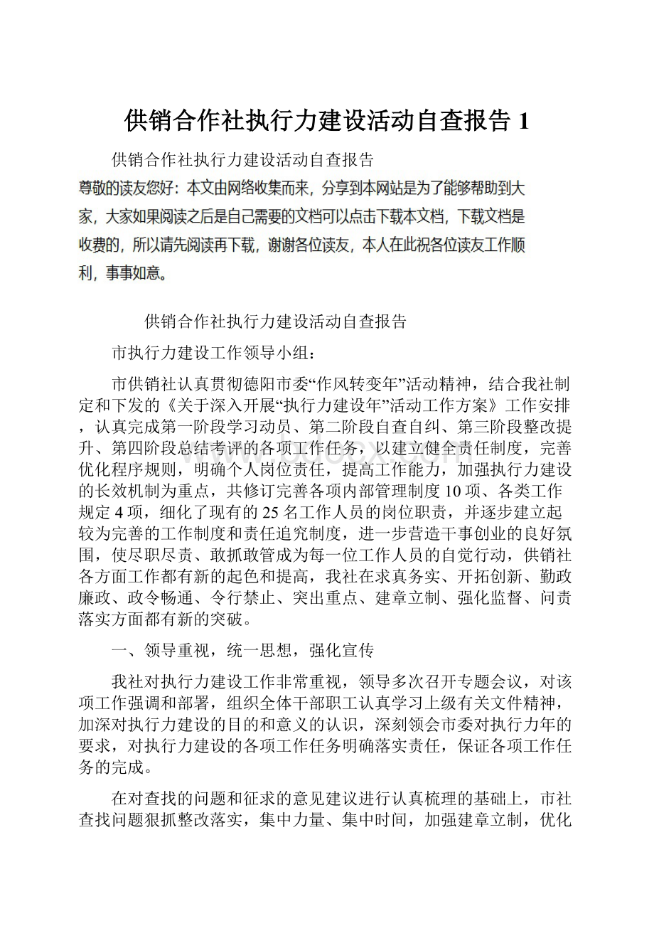 供销合作社执行力建设活动自查报告1.docx_第1页