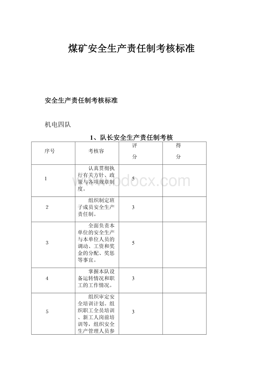 煤矿安全生产责任制考核标准Word格式文档下载.docx