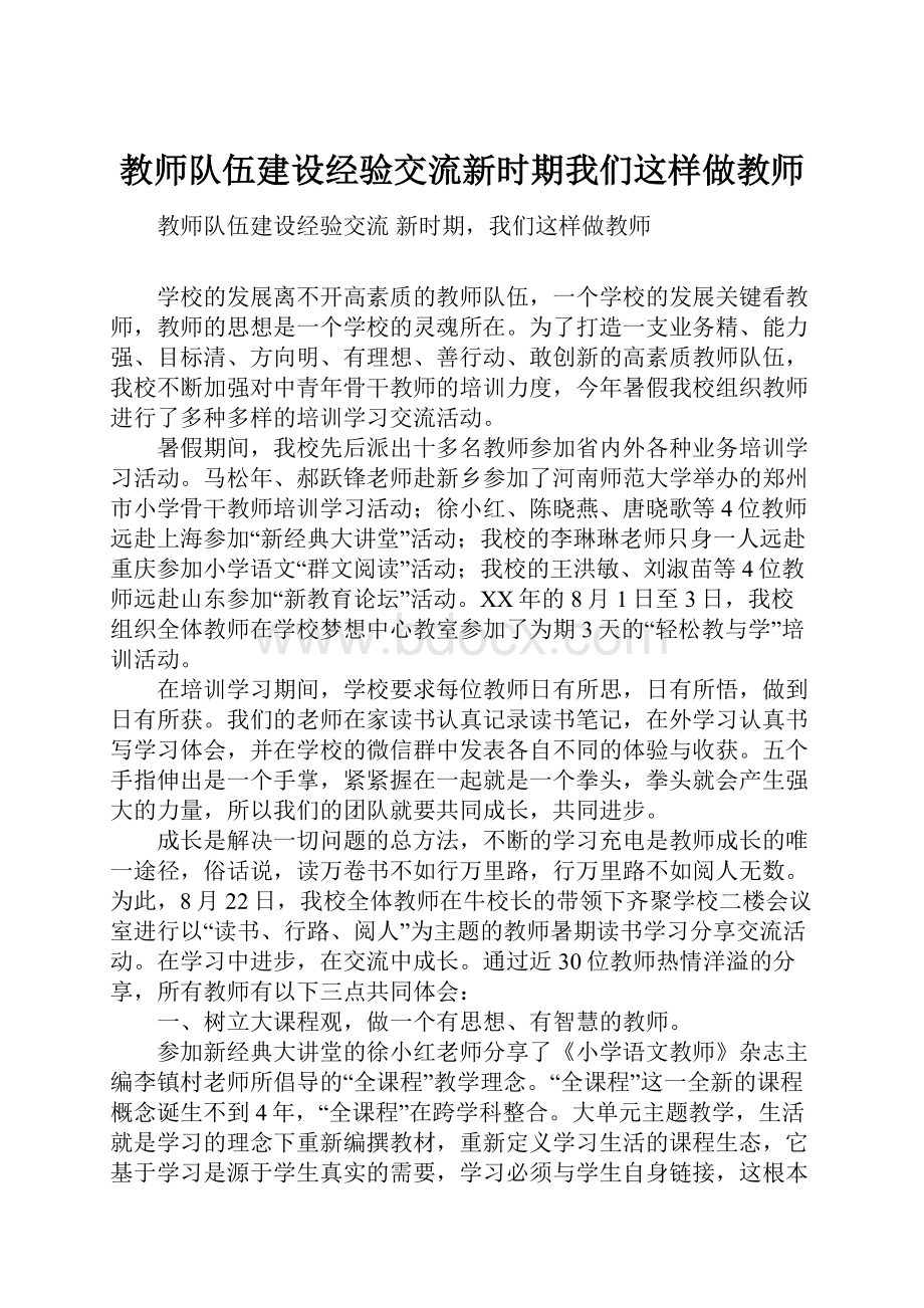 教师队伍建设经验交流新时期我们这样做教师.docx