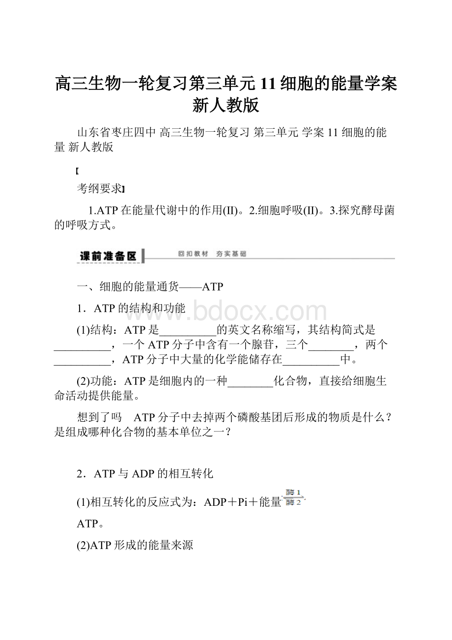 高三生物一轮复习第三单元11细胞的能量学案新人教版.docx