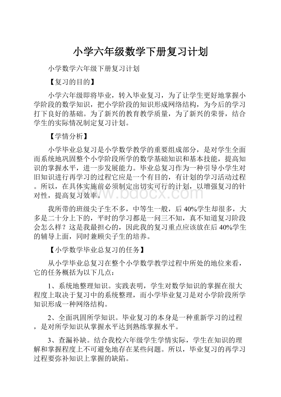 小学六年级数学下册复习计划.docx