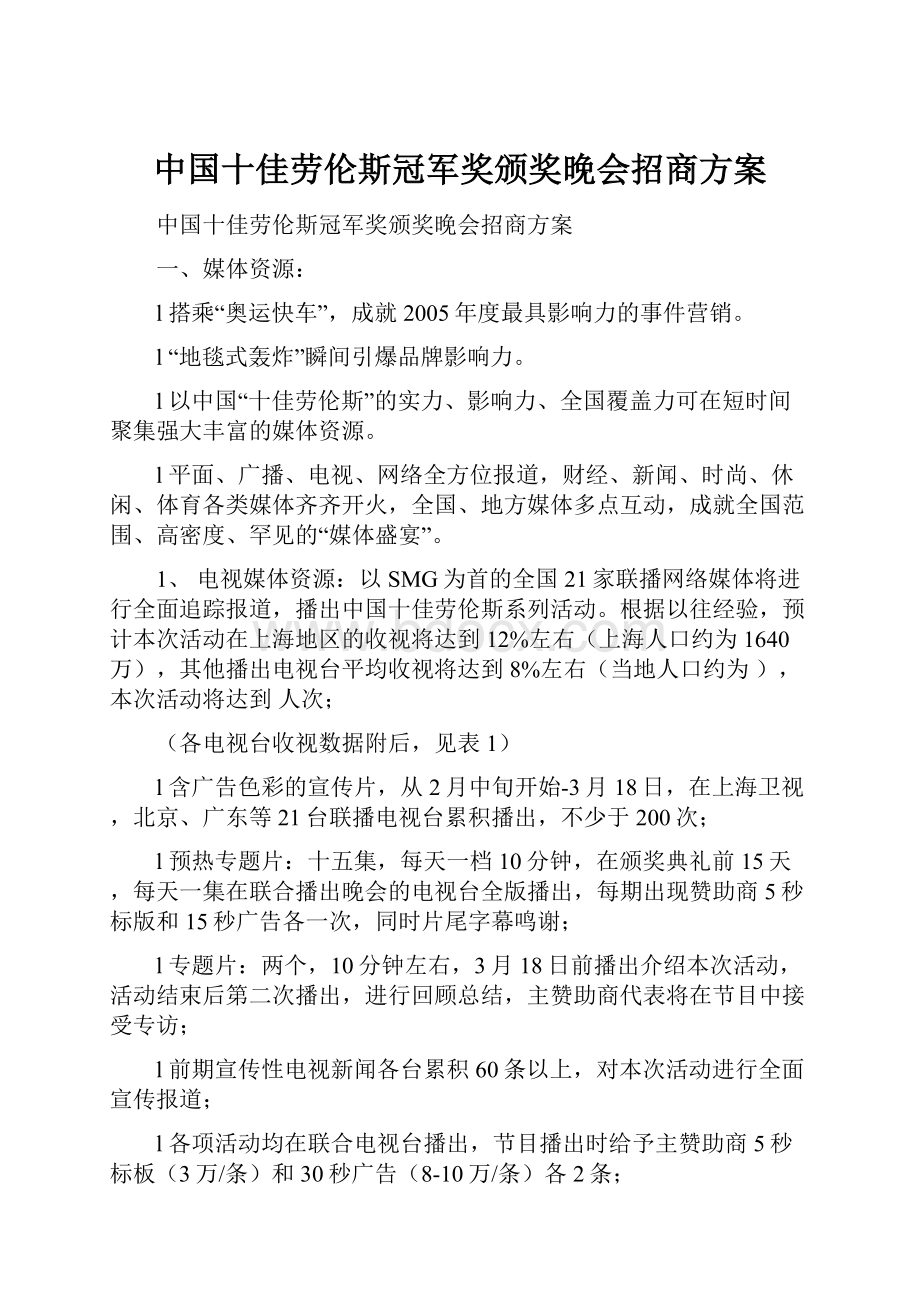 中国十佳劳伦斯冠军奖颁奖晚会招商方案.docx