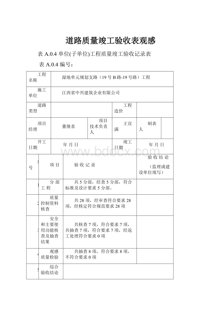 道路质量竣工验收表观感.docx_第1页