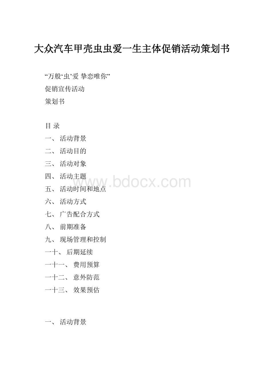 大众汽车甲壳虫虫爱一生主体促销活动策划书.docx_第1页