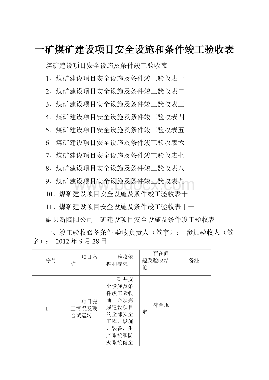 一矿煤矿建设项目安全设施和条件竣工验收表.docx