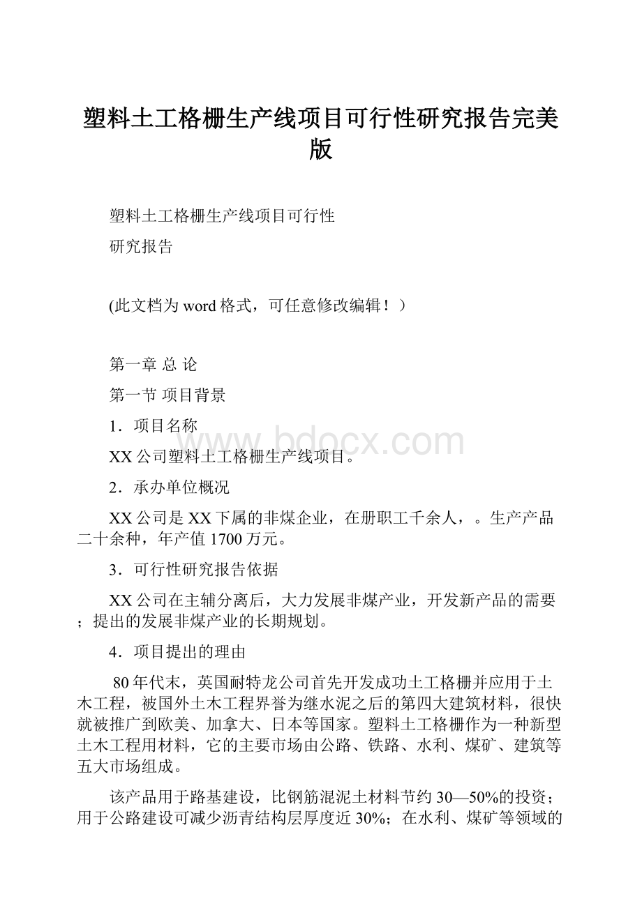 塑料土工格栅生产线项目可行性研究报告完美版.docx_第1页