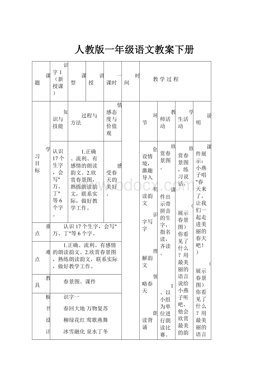 人教版一年级语文教案下册.docx