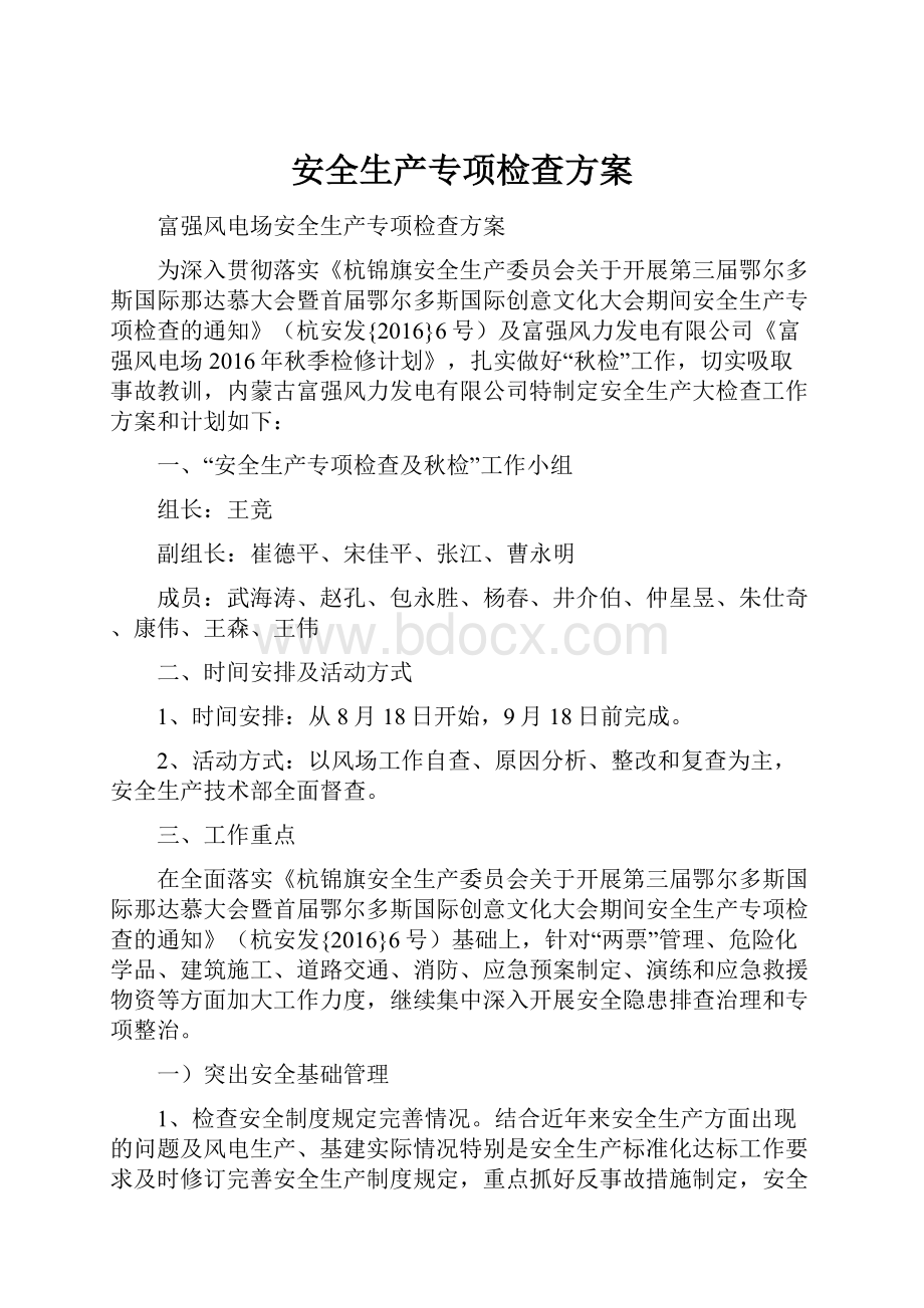 安全生产专项检查方案文档格式.docx