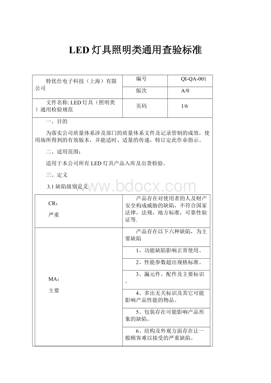 LED灯具照明类通用查验标准.docx