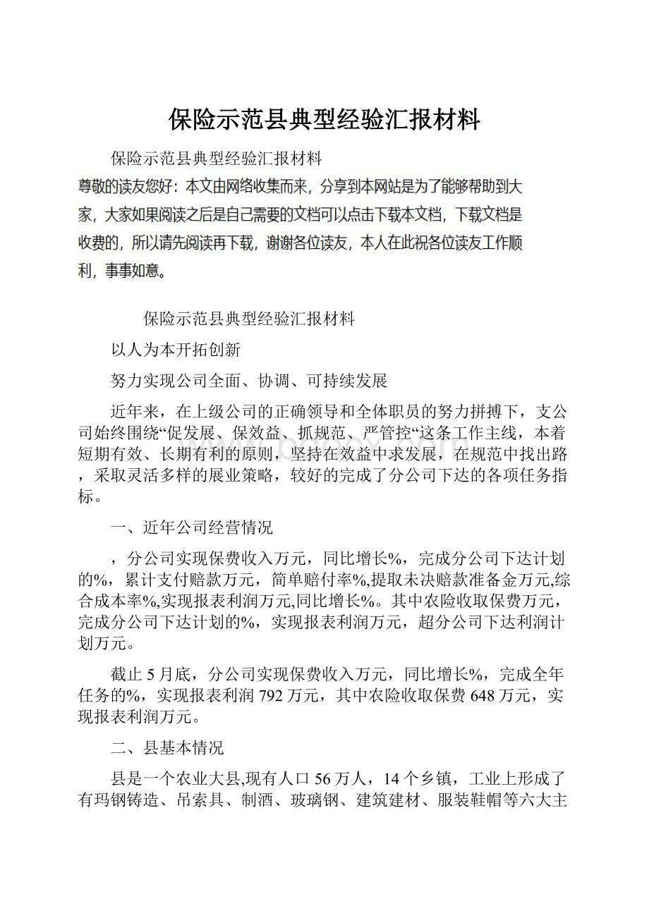 保险示范县典型经验汇报材料Word文档下载推荐.docx