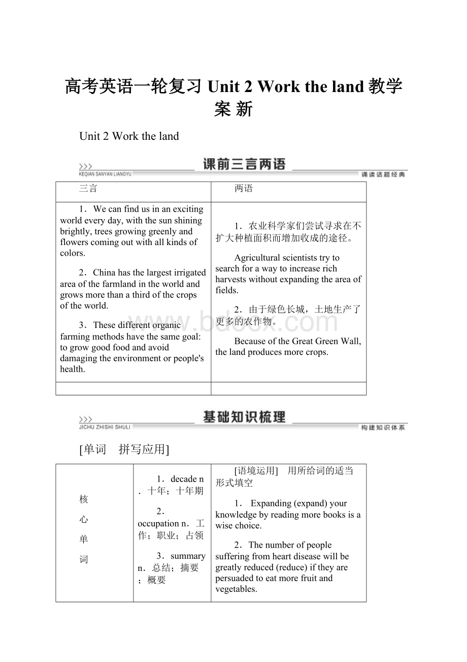 高考英语一轮复习 Unit 2 Work the land教学案 新.docx