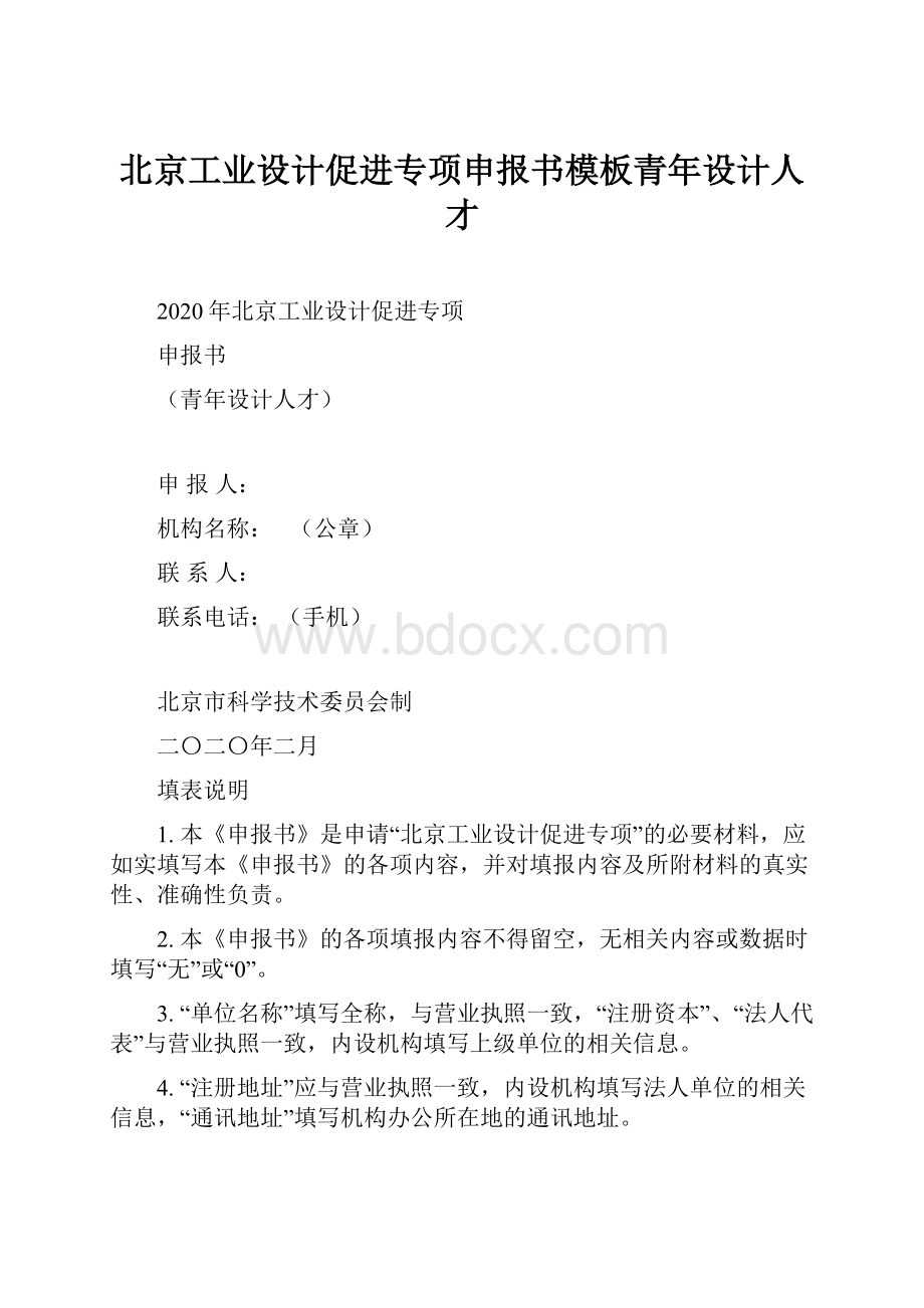 北京工业设计促进专项申报书模板青年设计人才.docx_第1页