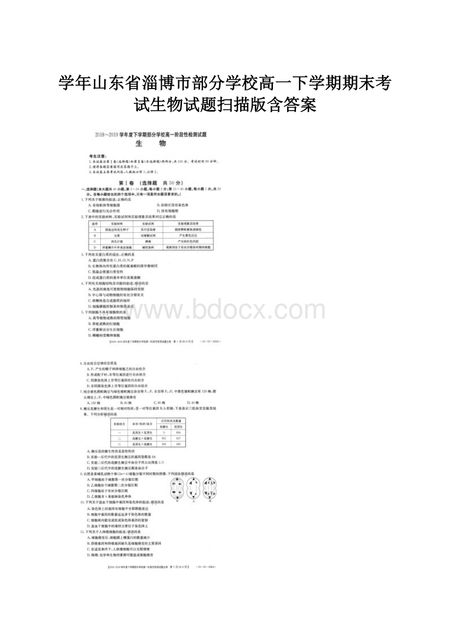 学年山东省淄博市部分学校高一下学期期末考试生物试题扫描版含答案.docx_第1页