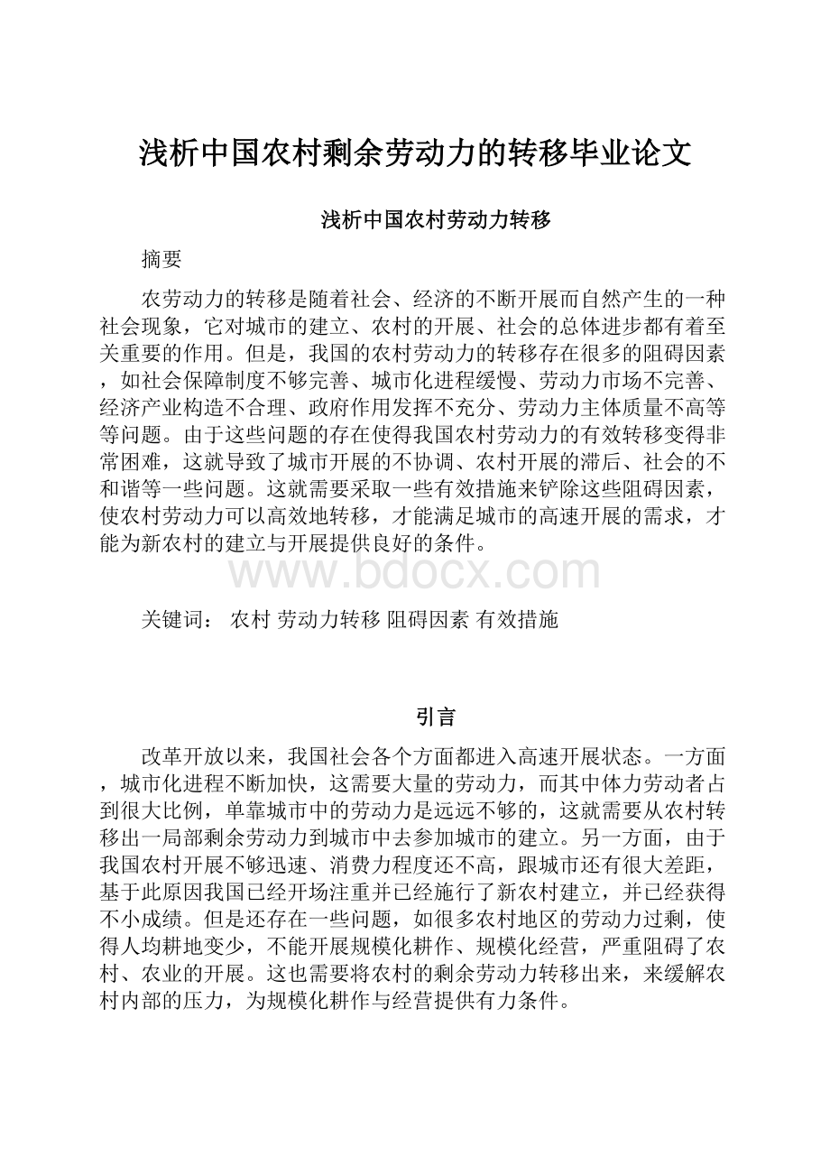 浅析中国农村剩余劳动力的转移毕业论文.docx