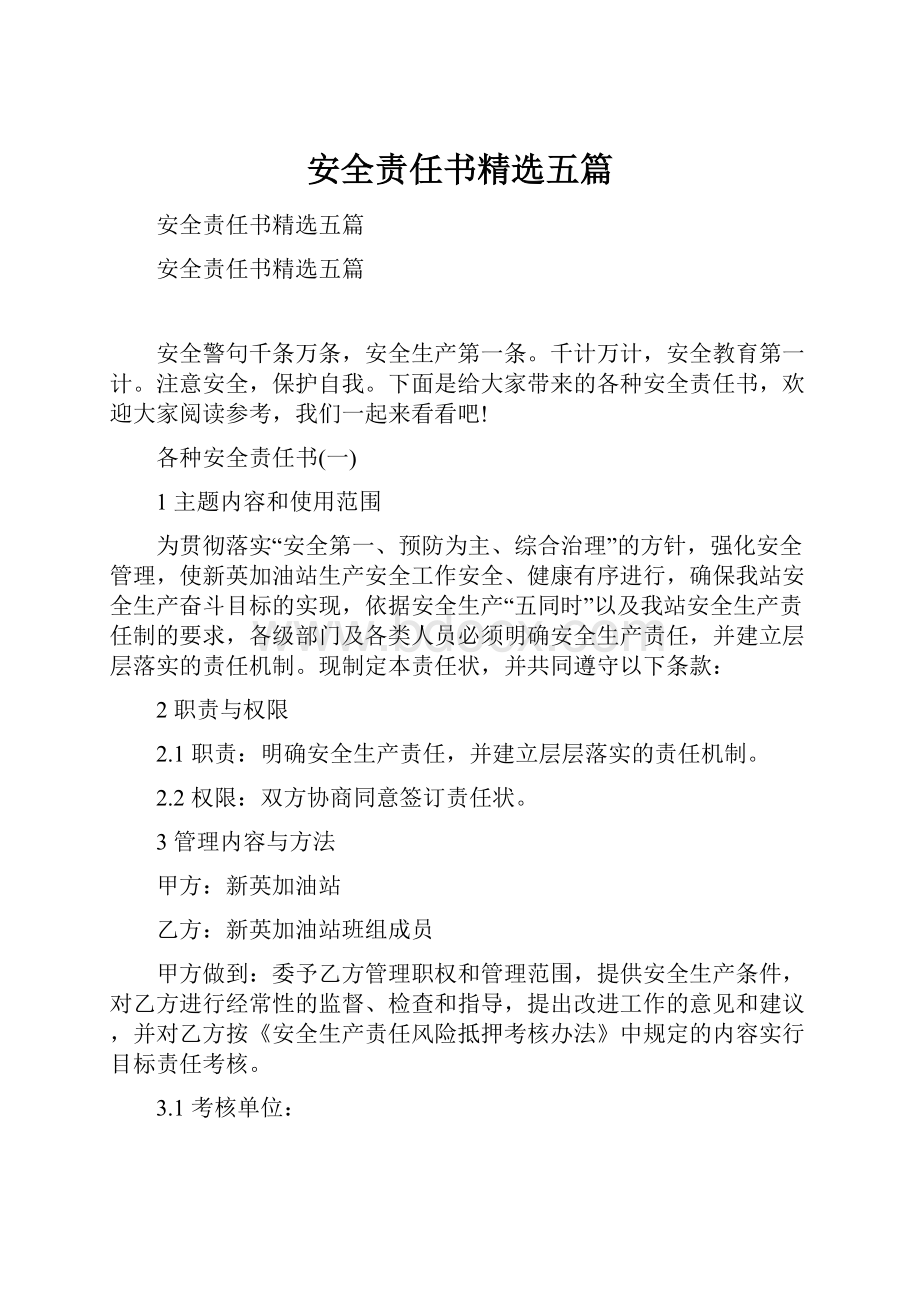 安全责任书精选五篇.docx_第1页