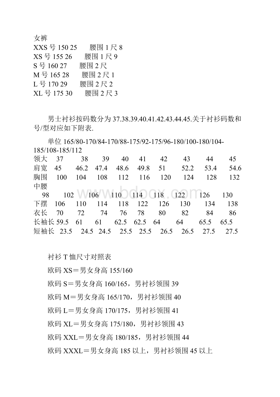 国际标准服装尺码对照表大全实用衣服尺寸对照表.docx_第2页