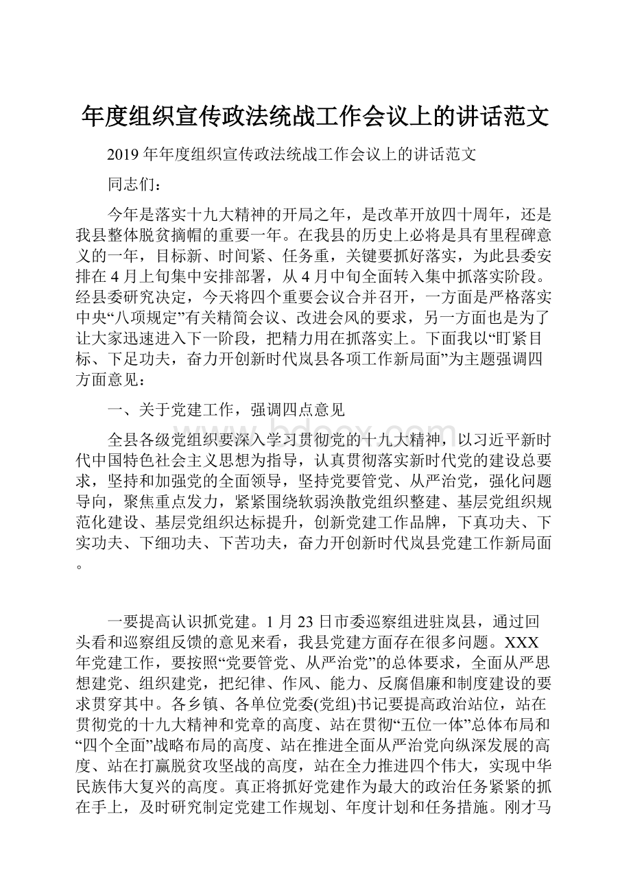 年度组织宣传政法统战工作会议上的讲话范文.docx_第1页