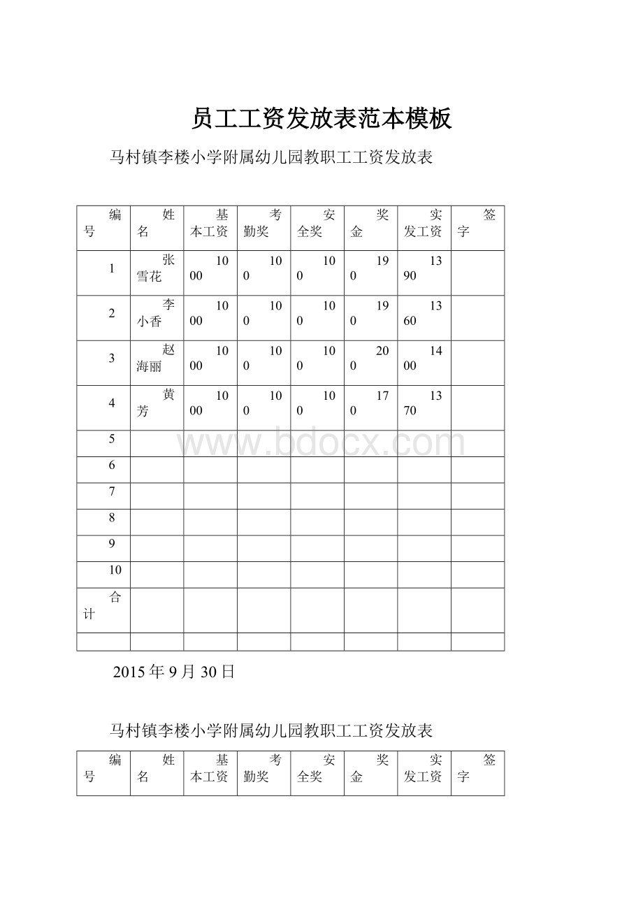 员工工资发放表范本模板.docx