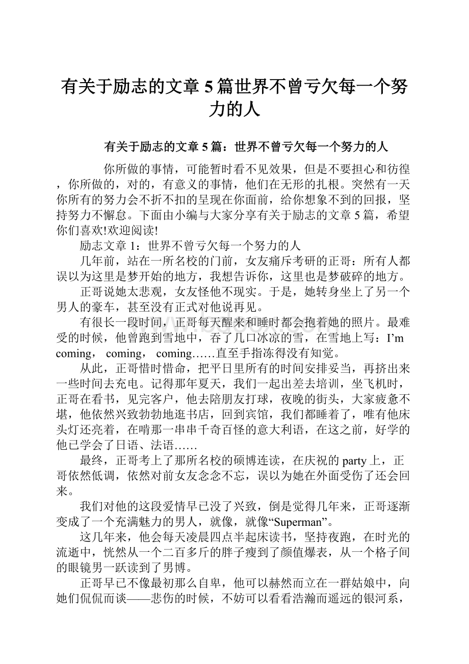 有关于励志的文章5篇世界不曾亏欠每一个努力的人.docx_第1页