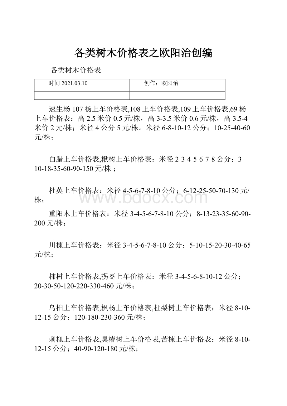 各类树木价格表之欧阳治创编.docx_第1页