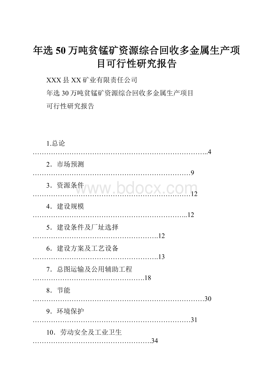 年选50万吨贫锰矿资源综合回收多金属生产项目可行性研究报告Word格式.docx