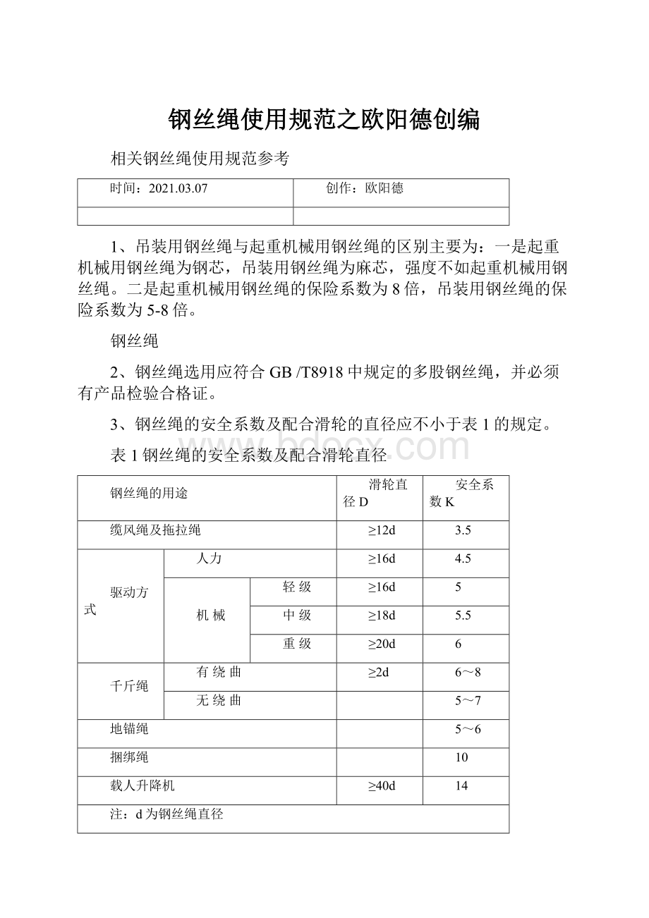 钢丝绳使用规范之欧阳德创编.docx