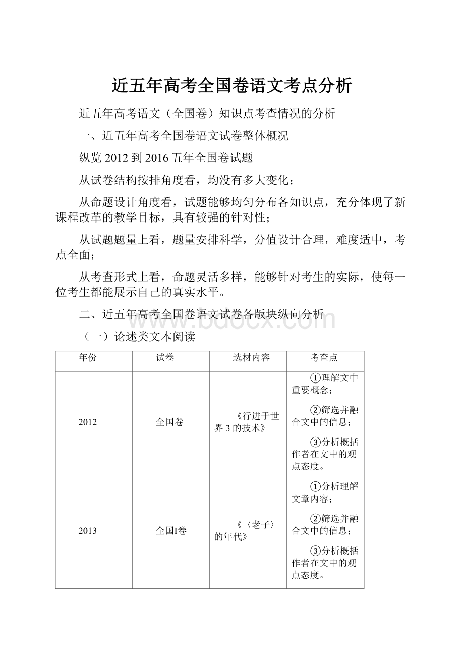 近五年高考全国卷语文考点分析.docx