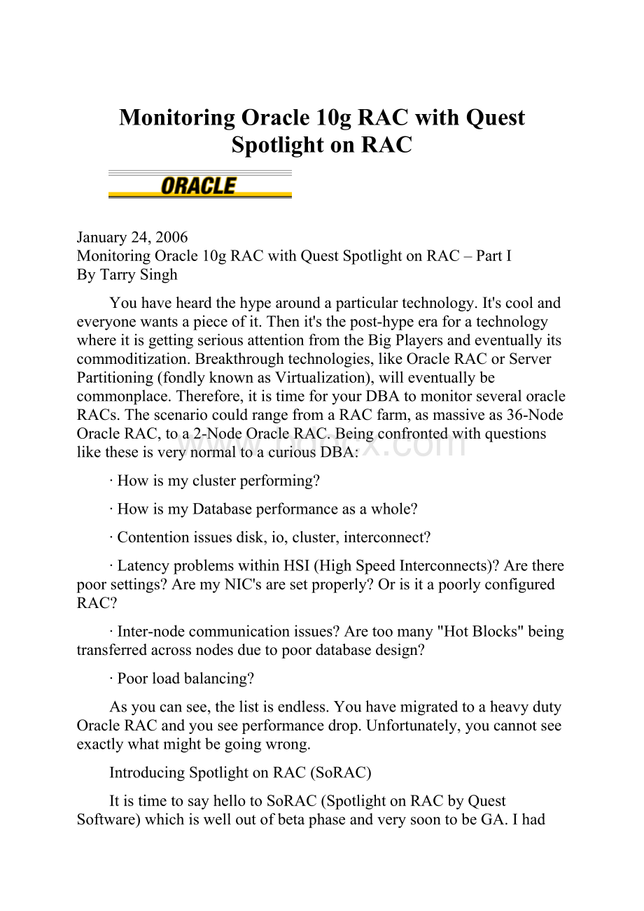 Monitoring Oracle 10g RAC with Quest Spotlight on RAC.docx