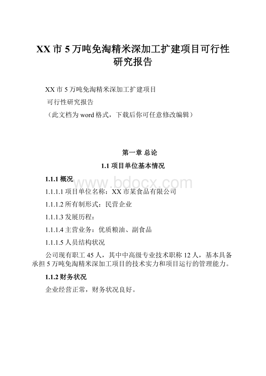 XX市5万吨免淘精米深加工扩建项目可行性研究报告.docx_第1页