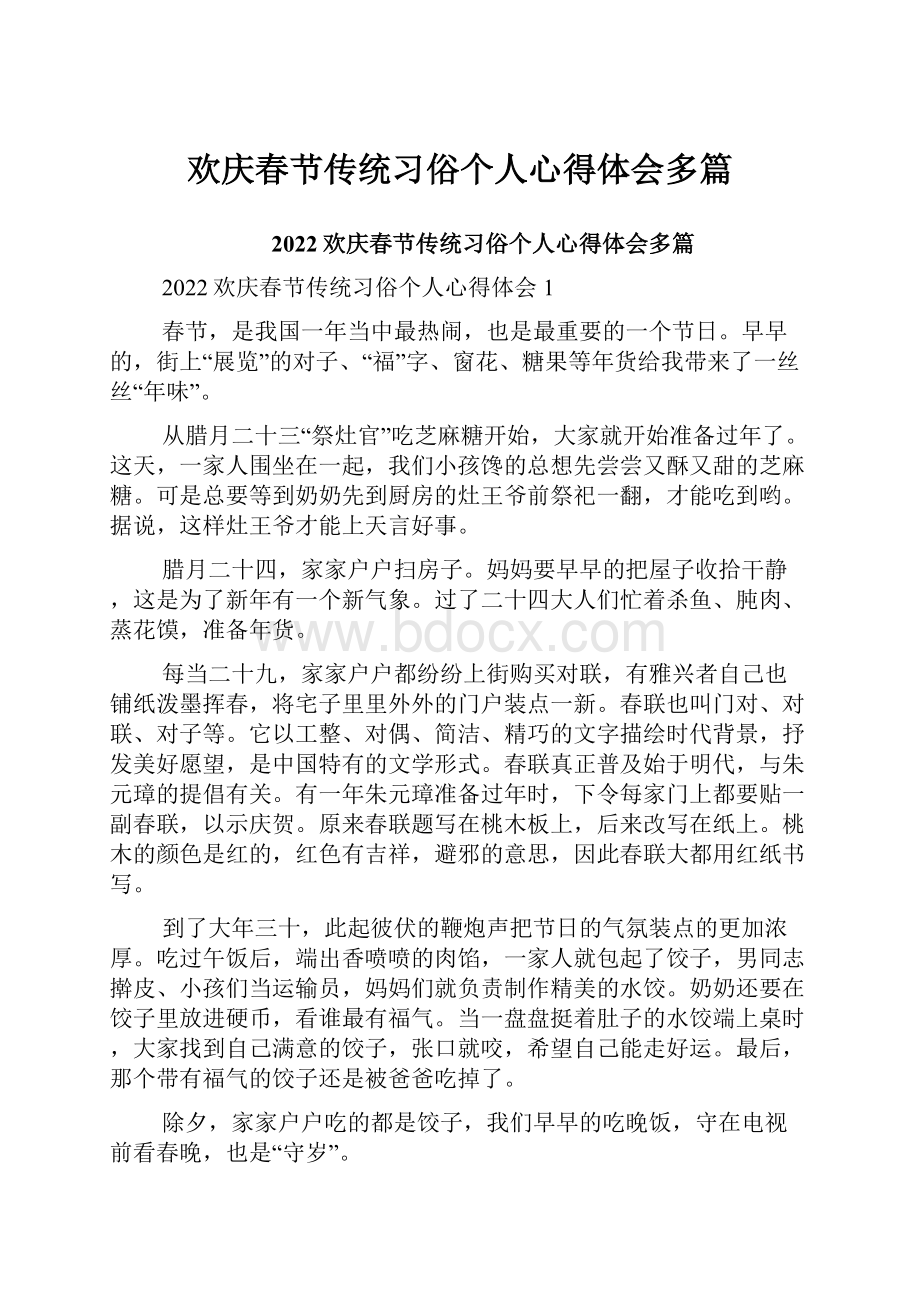 欢庆春节传统习俗个人心得体会多篇.docx