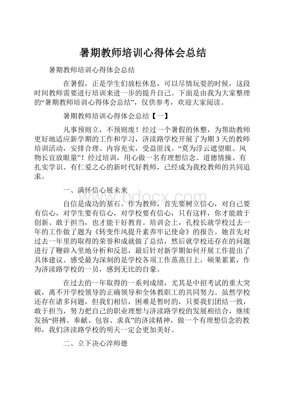 暑期教师培训心得体会总结Word格式文档下载.docx