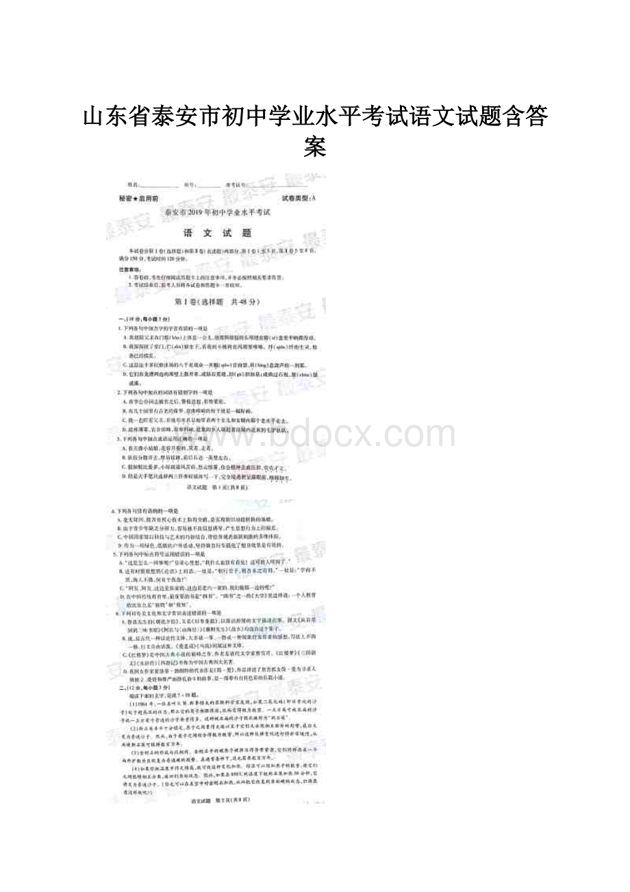 山东省泰安市初中学业水平考试语文试题含答案.docx_第1页