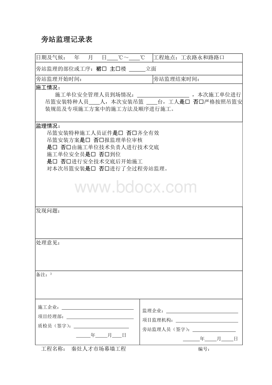 吊篮施工监理旁站记录.doc