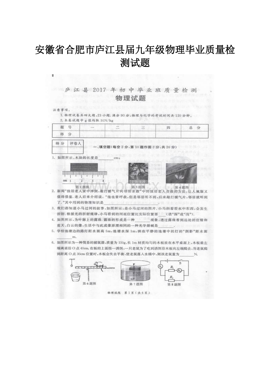 安徽省合肥市庐江县届九年级物理毕业质量检测试题.docx